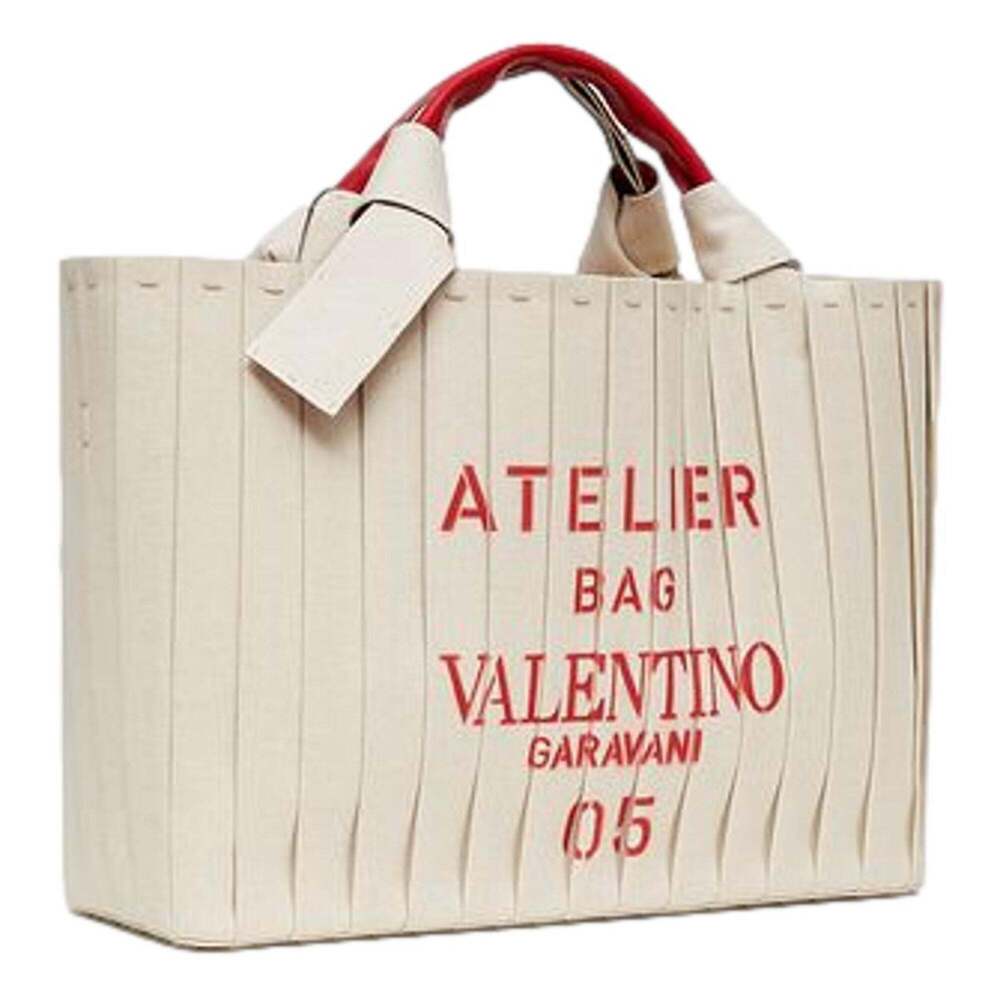 Valentino Garavani 05 Plissé Edition Sac Atelier Large Canvas Tote Bag Beige Red